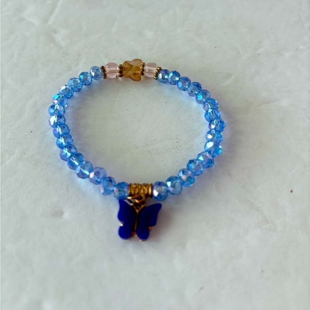 Handmade Stretchy Blue Beaded Bracelet with Blue Butterfly Charm